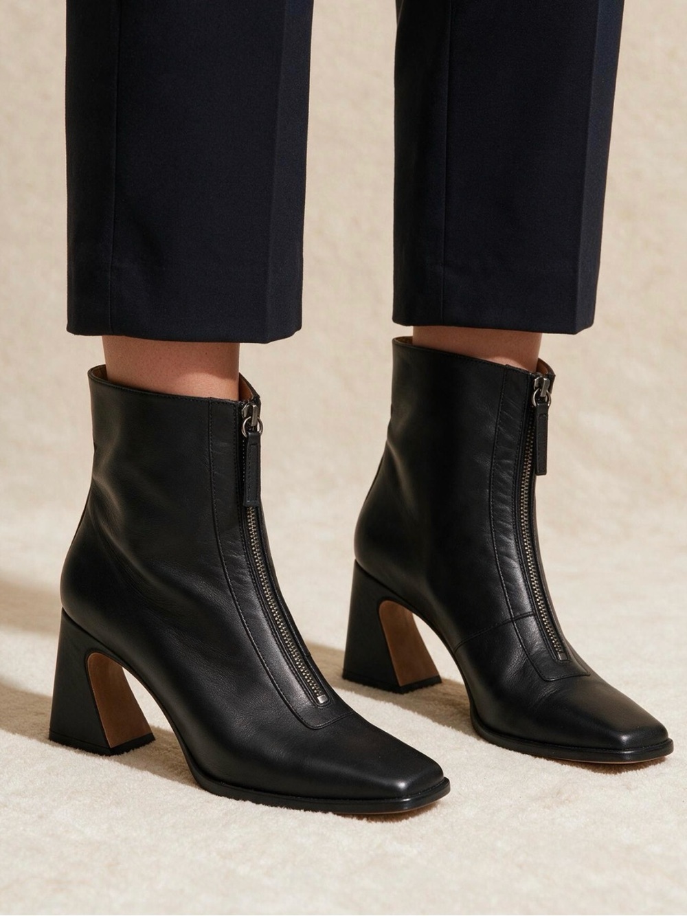 Ana Palma Black Leather Front-Zip
Ankle Boots Sz10 Luxury Minimalist Block Heel